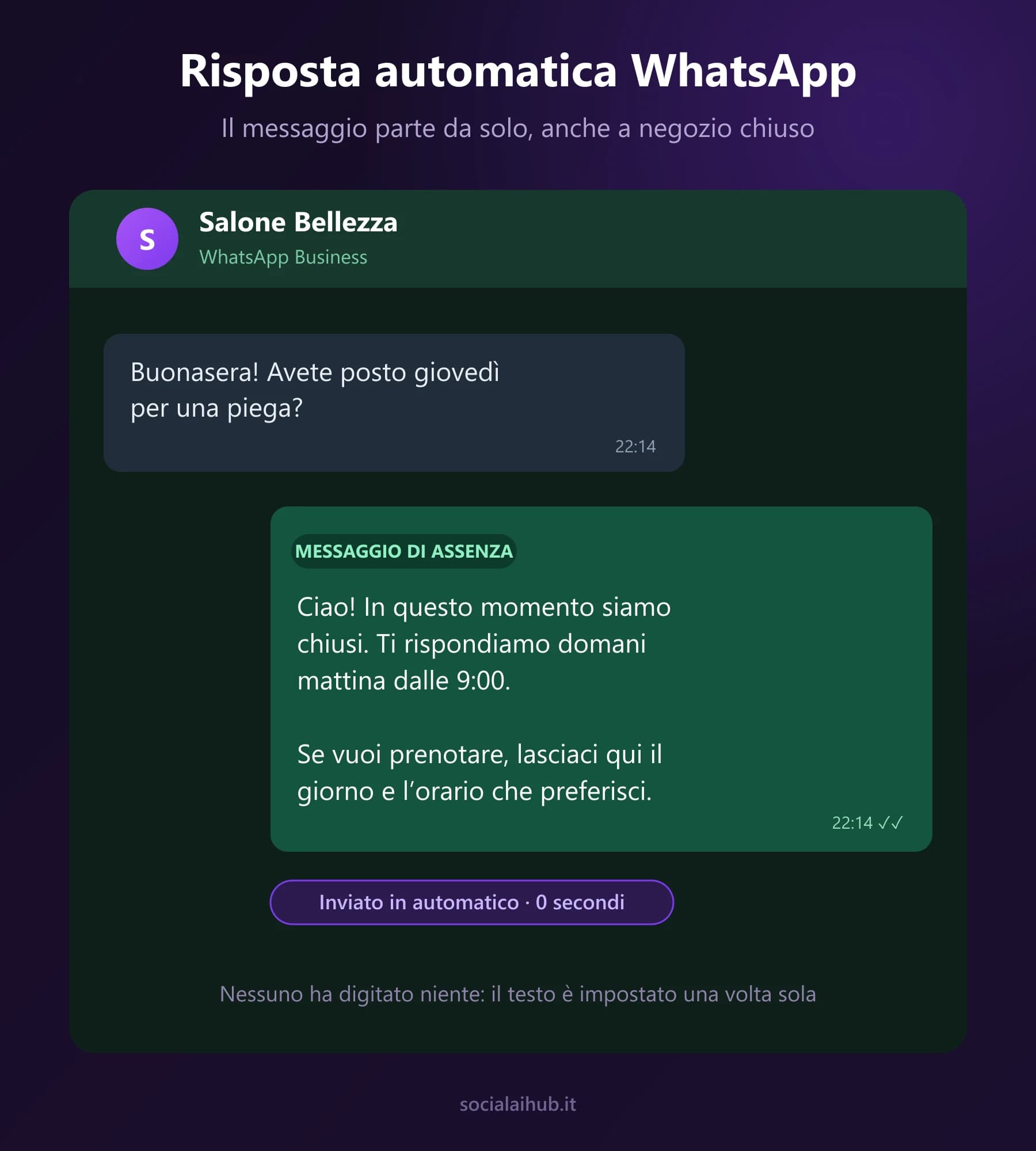 Esempio di risposta automatica WhatsApp: una cliente scrive alle 22:14 e il messaggio di assenza di WhatsApp Business risponde da solo che il salone è chiuso e riapre alle 9:00